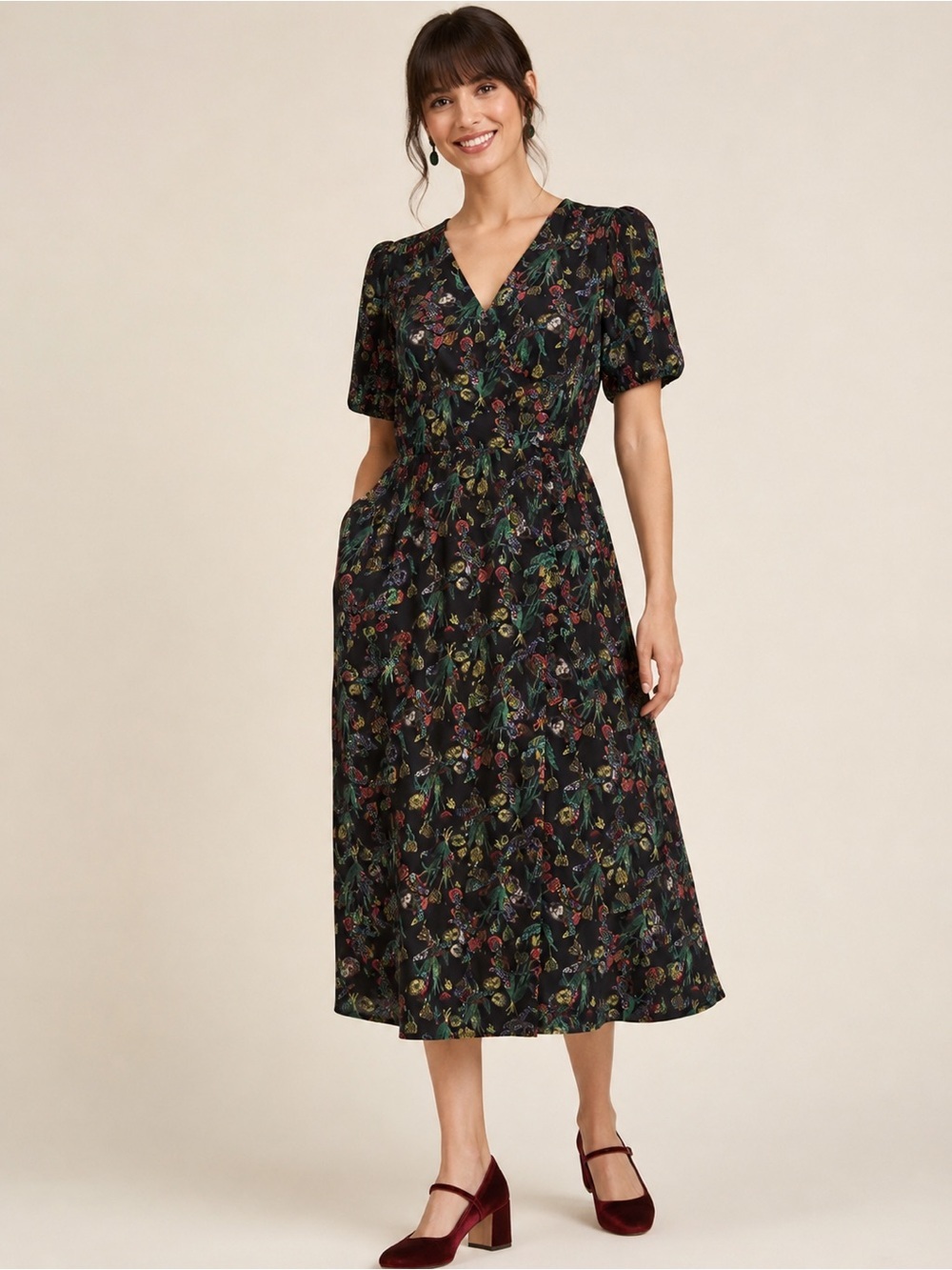 ModCloth NWT Botanical Print Faux Wrap Midi Dress Black Medium